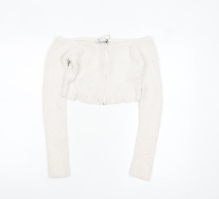 Bershka Women White Full Zip Long Sleeve Boat Neck Jumper Size 12