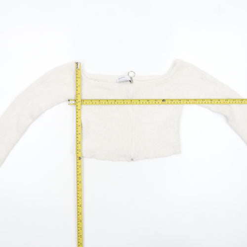 Bershka Women White Full Zip Long Sleeve Boat Neck Jumper Size 12