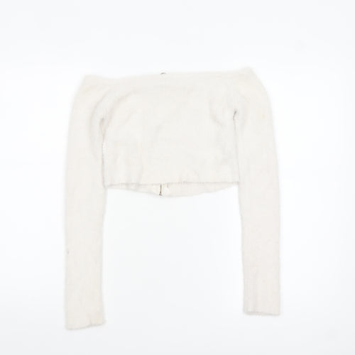 Bershka Women White Full Zip Long Sleeve Boat Neck Jumper Size 12