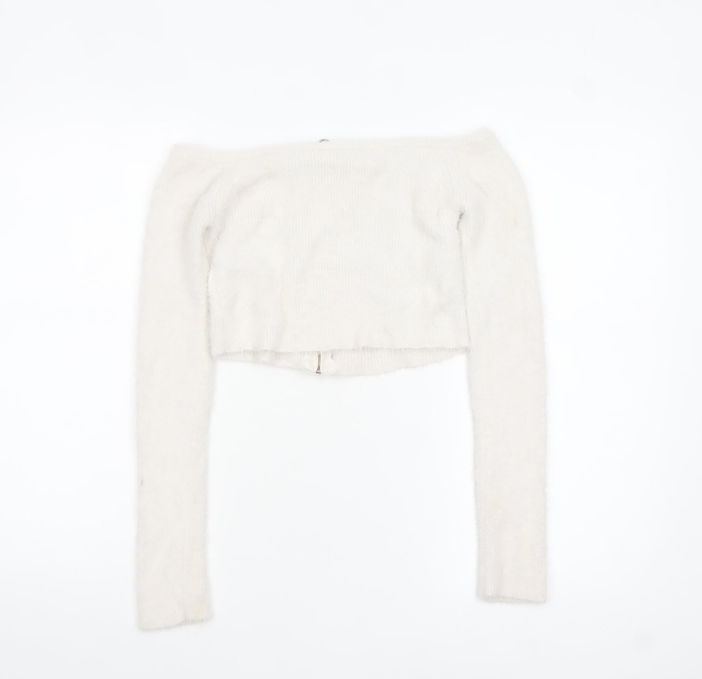 Bershka Women White Full Zip Long Sleeve Boat Neck Jumper Size 12