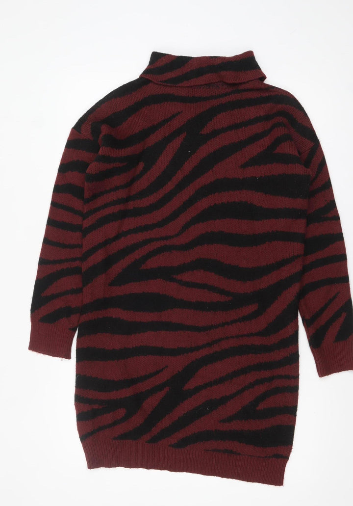 Brave Soul Womens Red & Black Animal Print Roll Neck Jumper Size S