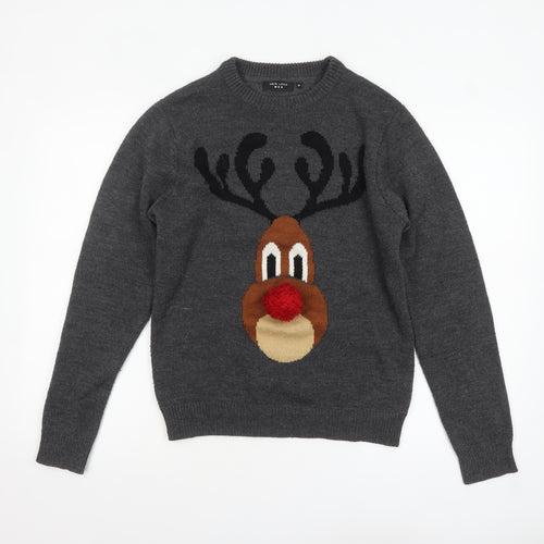 New Look Men Grey Reindeer Christmas Crew Neck Jumper Medium