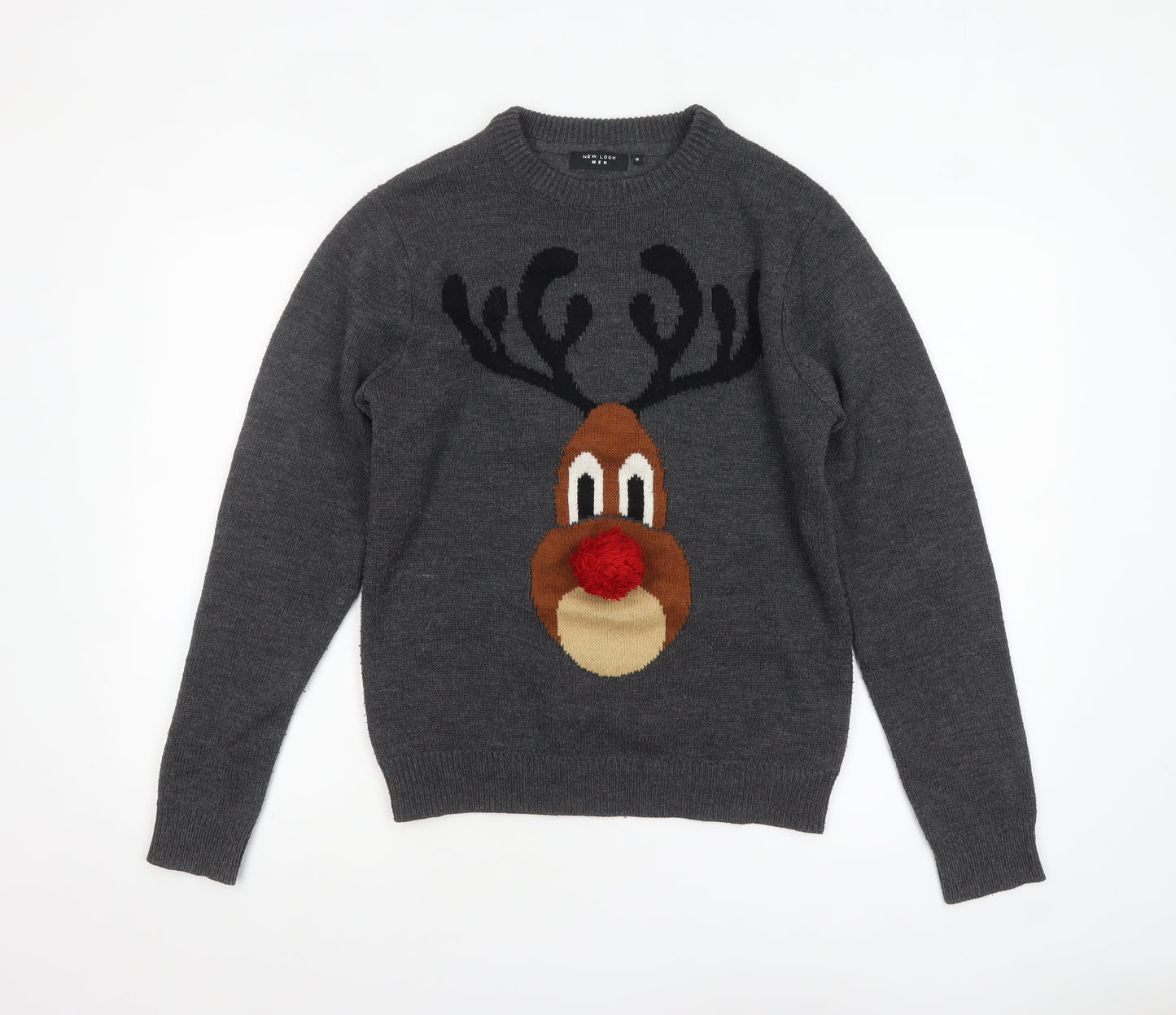 New Look Men Grey Reindeer Christmas Crew Neck Jumper Medium