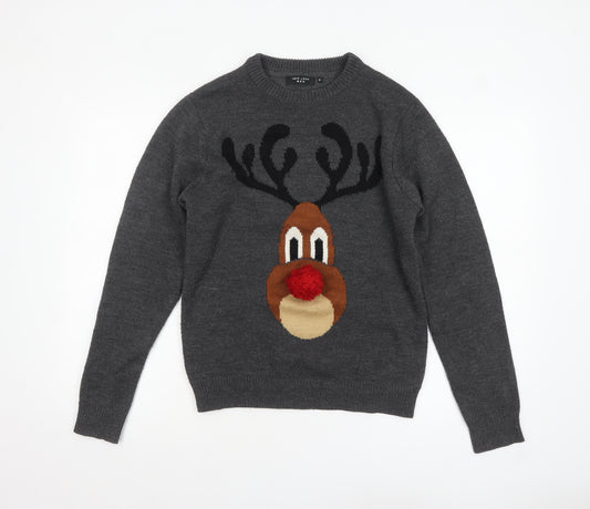 New Look Men Grey Reindeer Christmas Crew Neck Jumper Medium