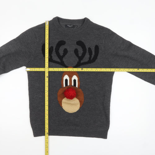 New Look Men Grey Reindeer Christmas Crew Neck Jumper Medium