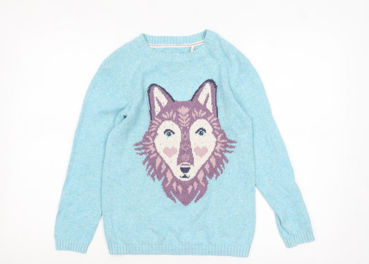 FatFace Girls Blue Wolf Graphic Knit Jumper 10-11 Years Cotton Blend Pullover