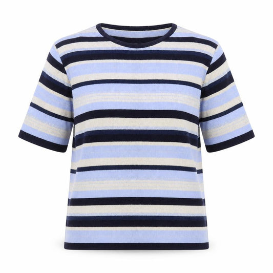 Front view of Berkertex Women's Blue Striped Short Sleeve jumper, size 10-12