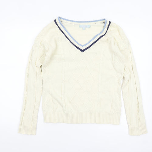 Joe Browns Womens Ivory V-Neck Cable-Knit Jumper Size 10 Cotton