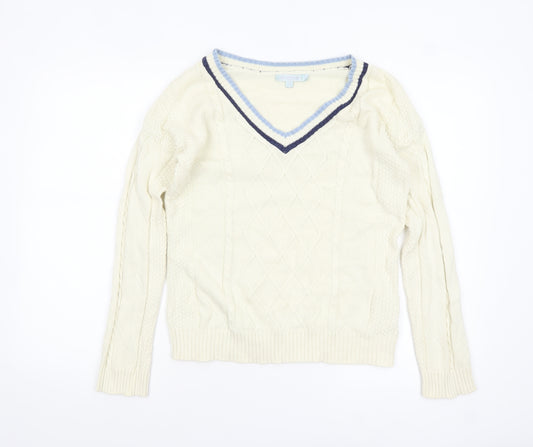 Joe Browns Womens Ivory V-Neck Cable-Knit Jumper Size 10 Cotton