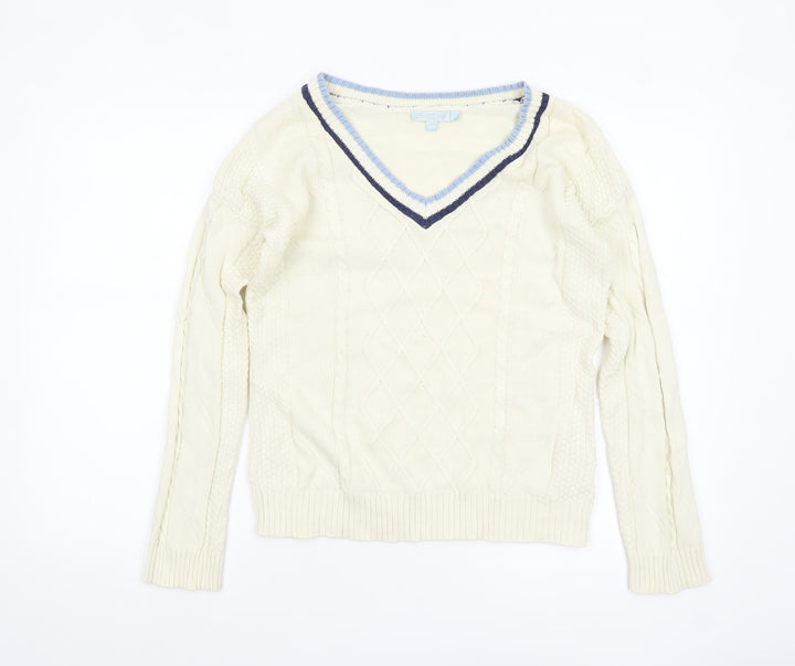Joe Browns Womens Ivory V-Neck Cable-Knit Jumper Size 10 Cotton