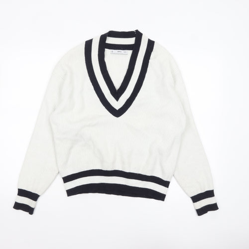MNG Women's White V-Neck Ribbed Knit Pullover Jumper XL