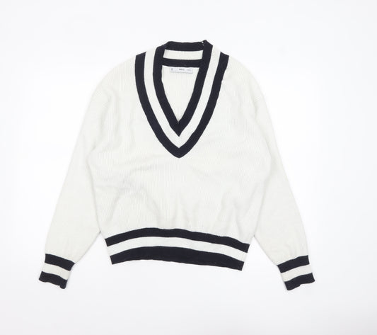 MNG Women's White V-Neck Ribbed Knit Pullover Jumper XL
