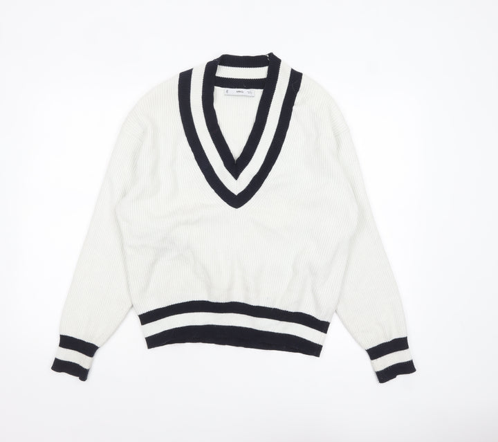 MNG Women's White V-Neck Ribbed Knit Pullover Jumper XL