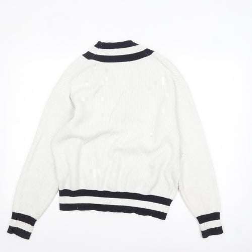 MNG Women's White V-Neck Ribbed Knit Pullover Jumper XL