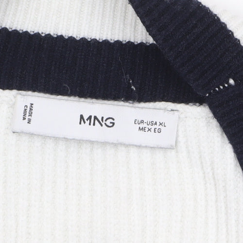 MNG Women's White V-Neck Ribbed Knit Pullover Jumper XL