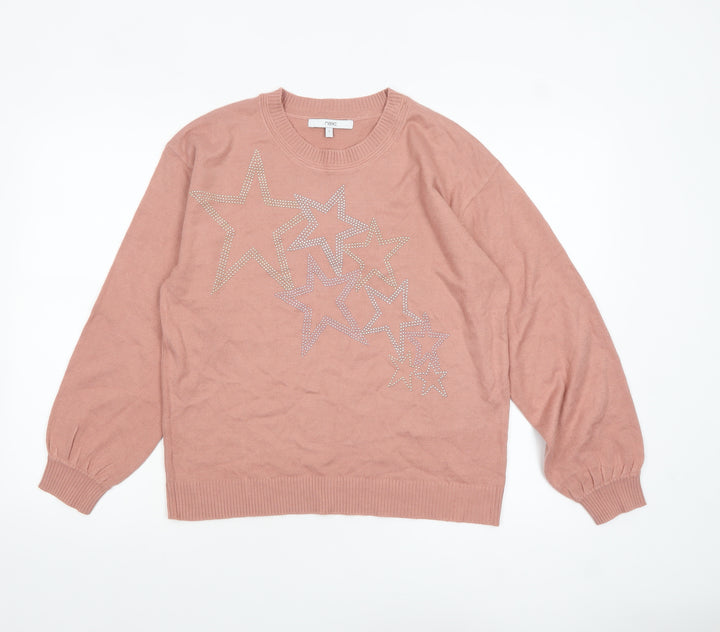 Next Women's Pink Star Rhinestone Crew Neck Jumper Size S