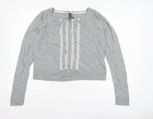 Next Women’s Grey Cotton Cardigan Size 18 Long Sleeve Ruffle Trim