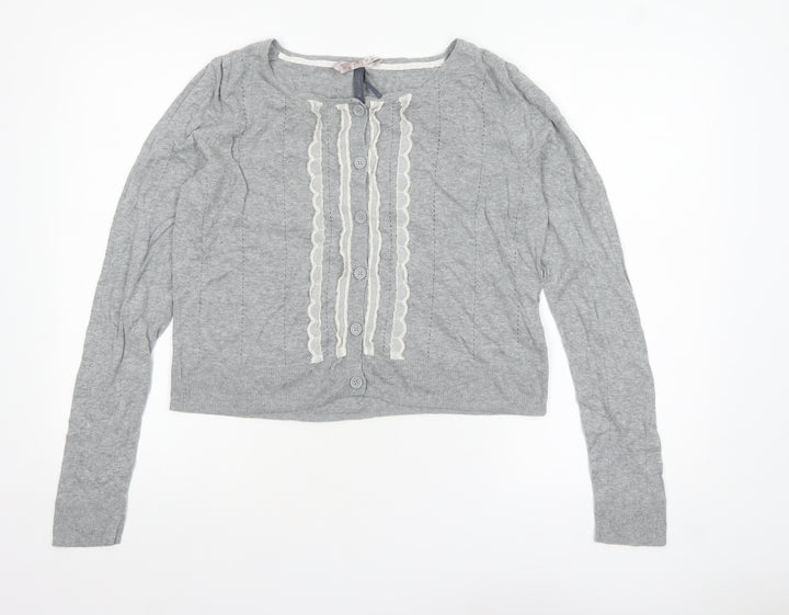 Next Women’s Grey Cotton Cardigan Size 18 Long Sleeve Ruffle Trim