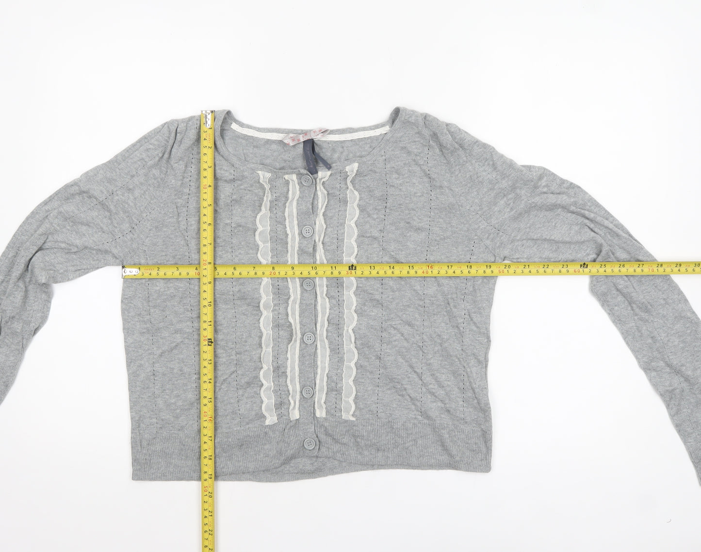 Next Women’s Grey Cotton Cardigan Size 18 Long Sleeve Ruffle Trim