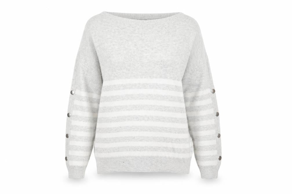 Mint Velvet Womens Grey Striped Boat Neck Button Sleeve Jumper M