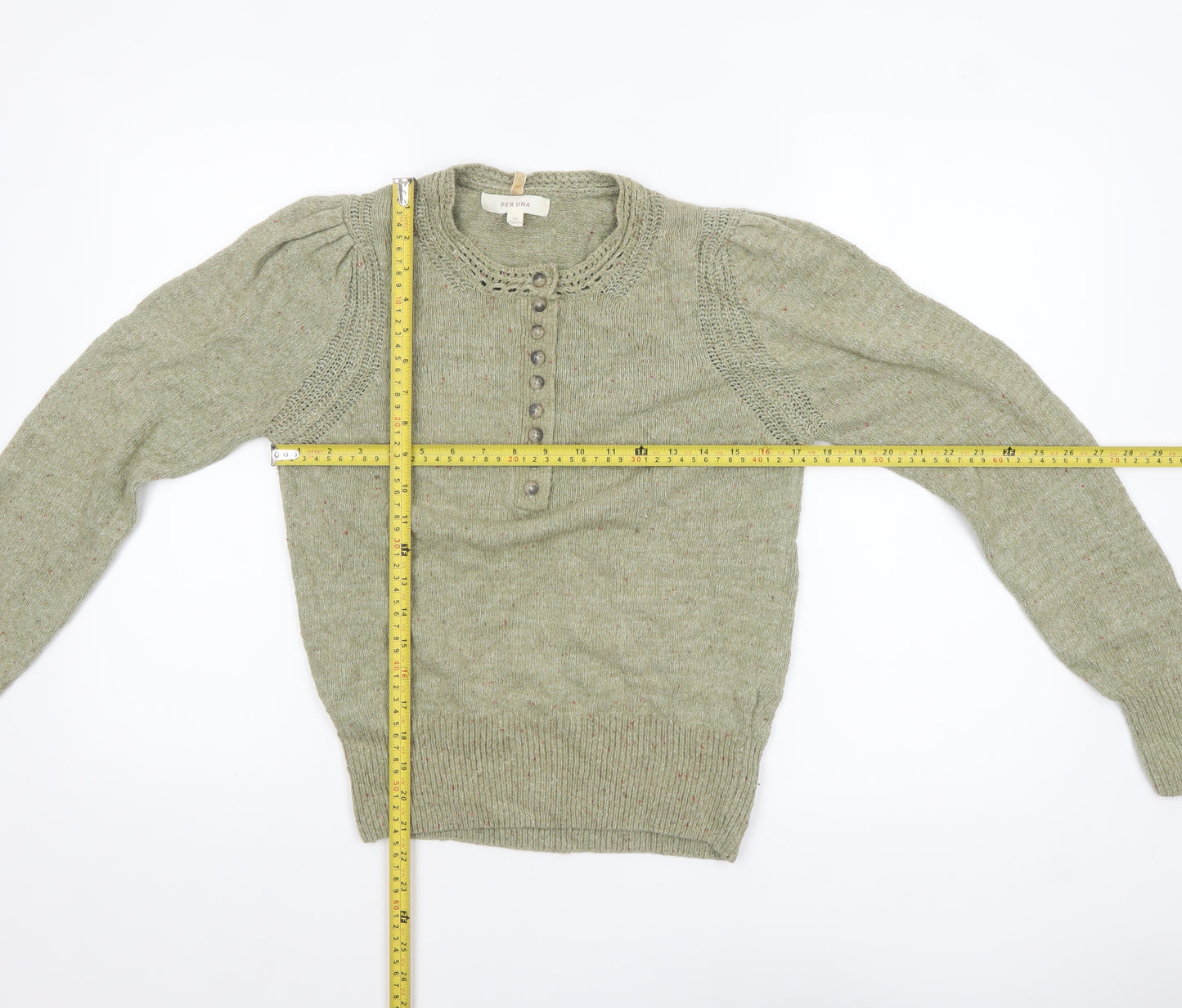Marks and Spencer Per Una Women's Green Henley Jumper Size 10 Knit Long Sleeve