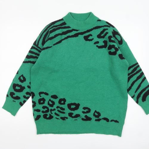 Quiz Women Green Animal Print Mock Neck Pullover Jumper L