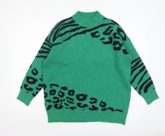 Quiz Women Green Animal Print Mock Neck Pullover Jumper L