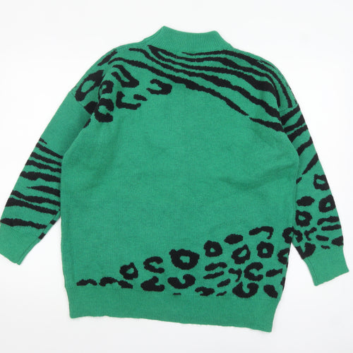 Quiz Women Green Animal Print Mock Neck Pullover Jumper L
