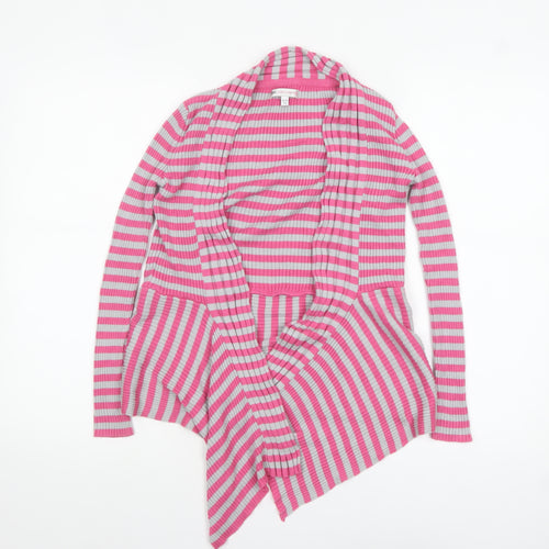 Marks and Spencer Girls Pink Grey Striped Cardigan 9-10 Years Acrylic Cotton
