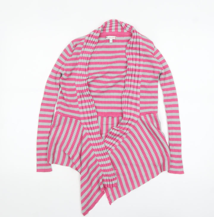 Marks and Spencer Girls Pink Grey Striped Cardigan 9-10 Years Acrylic Cotton
