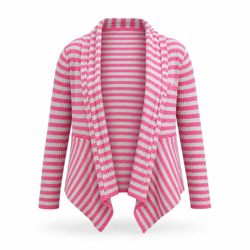 Marks and Spencer Girls Pink Grey Striped Cardigan 9-10 Years Acrylic Cotton