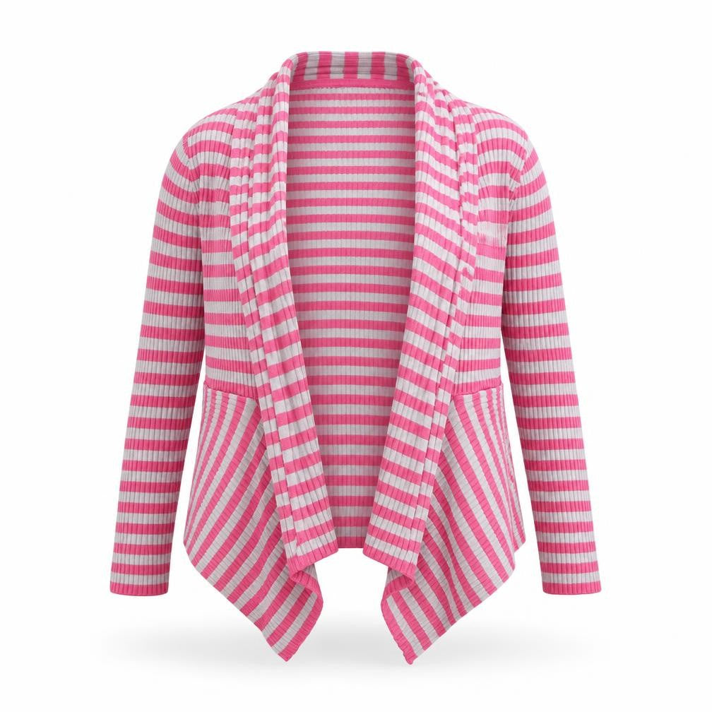 Marks and Spencer Girls Pink Grey Striped Cardigan 9-10 Years Acrylic Cotton