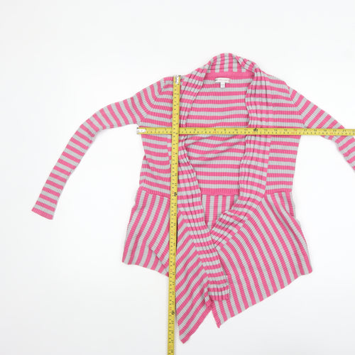 Marks and Spencer Girls Pink Grey Striped Cardigan 9-10 Years Acrylic Cotton