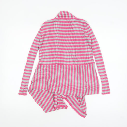 Marks and Spencer Girls Pink Grey Striped Cardigan 9-10 Years Acrylic Cotton