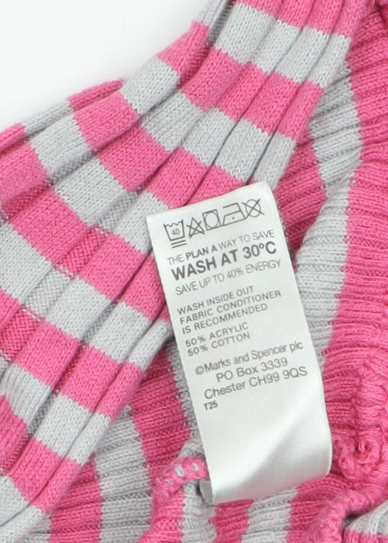 Marks and Spencer Girls Pink Grey Striped Cardigan 9-10 Years Acrylic Cotton