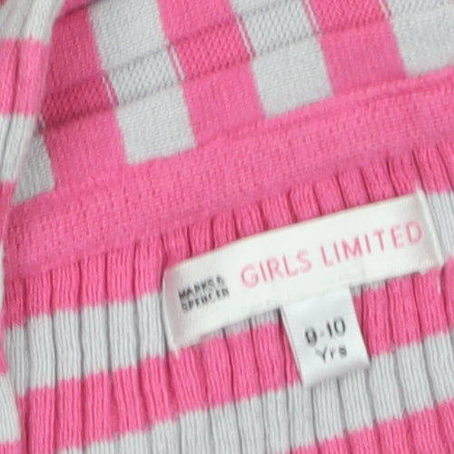 Marks and Spencer Girls Pink Grey Striped Cardigan 9-10 Years Acrylic Cotton