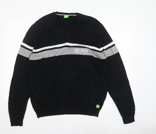 Hugo Boss Men's Black 2XL V-Neck Striped Cotton Pullover Jumper