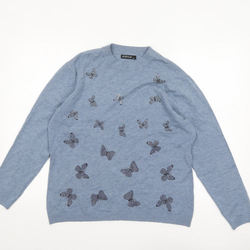 Etoile Women's Blue Butterfly Embroidered Crew Neck Wool Blend Jumper M