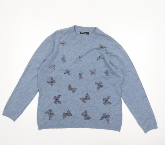 Etoile Women's Blue Butterfly Embroidered Crew Neck Wool Blend Jumper M