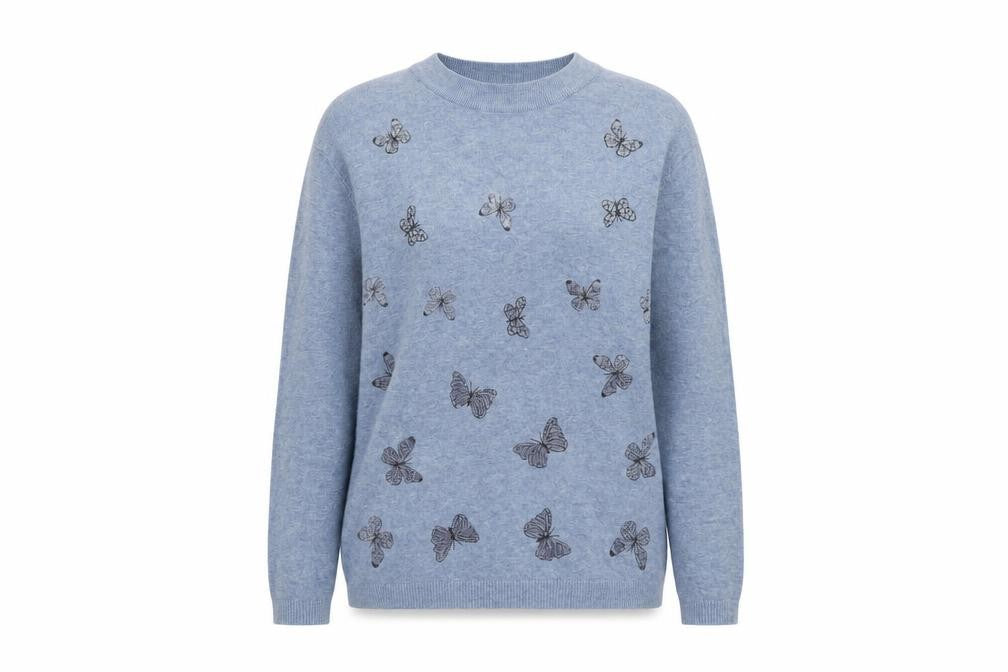 Front view of Etoile Women's Blue Butterfly Embroidered Crew Neck Wool Blend Jumper M