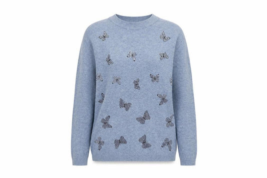 Front view of Etoile Women's Blue Butterfly Embroidered Crew Neck Wool Blend Jumper M