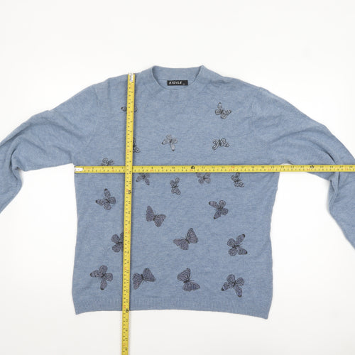 Etoile Women's Blue Butterfly Embroidered Crew Neck Wool Blend Jumper M