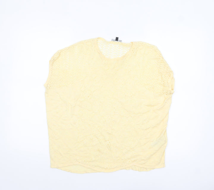 Warehouse Women Yellow Crochet Knit Short Sleeve Blouse UK 12