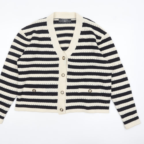 Primark Women Black & Beige Striped V-Neck Cardigan XL Acrylic Knit