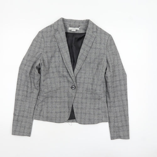 H&M Women Grey Checked Single-Breasted Blazer UK 8 Classic Fit