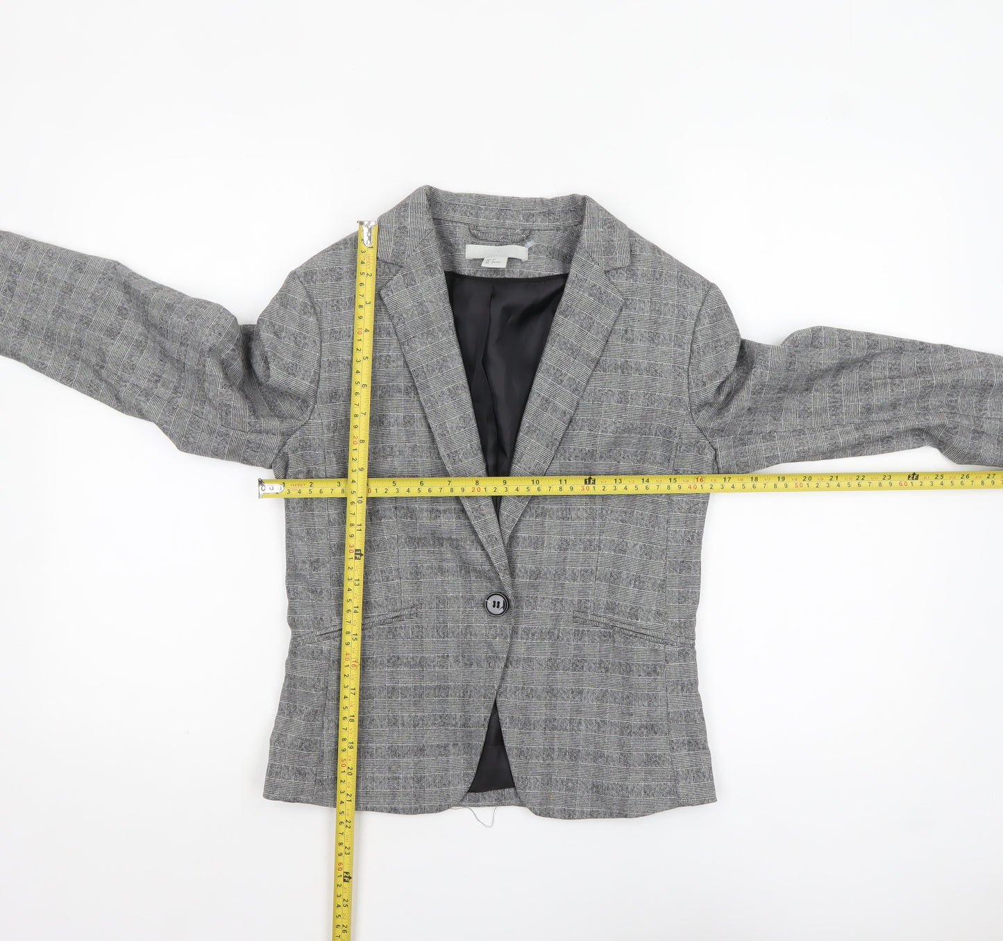 H&M Women Grey Checked Single-Breasted Blazer UK 8 Classic Fit