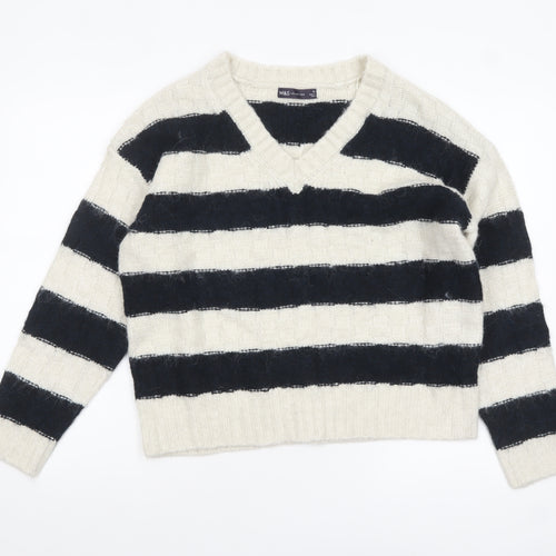 Marks and Spencer Women’s Black Ivory Striped V-Neck Knit Jumper M
