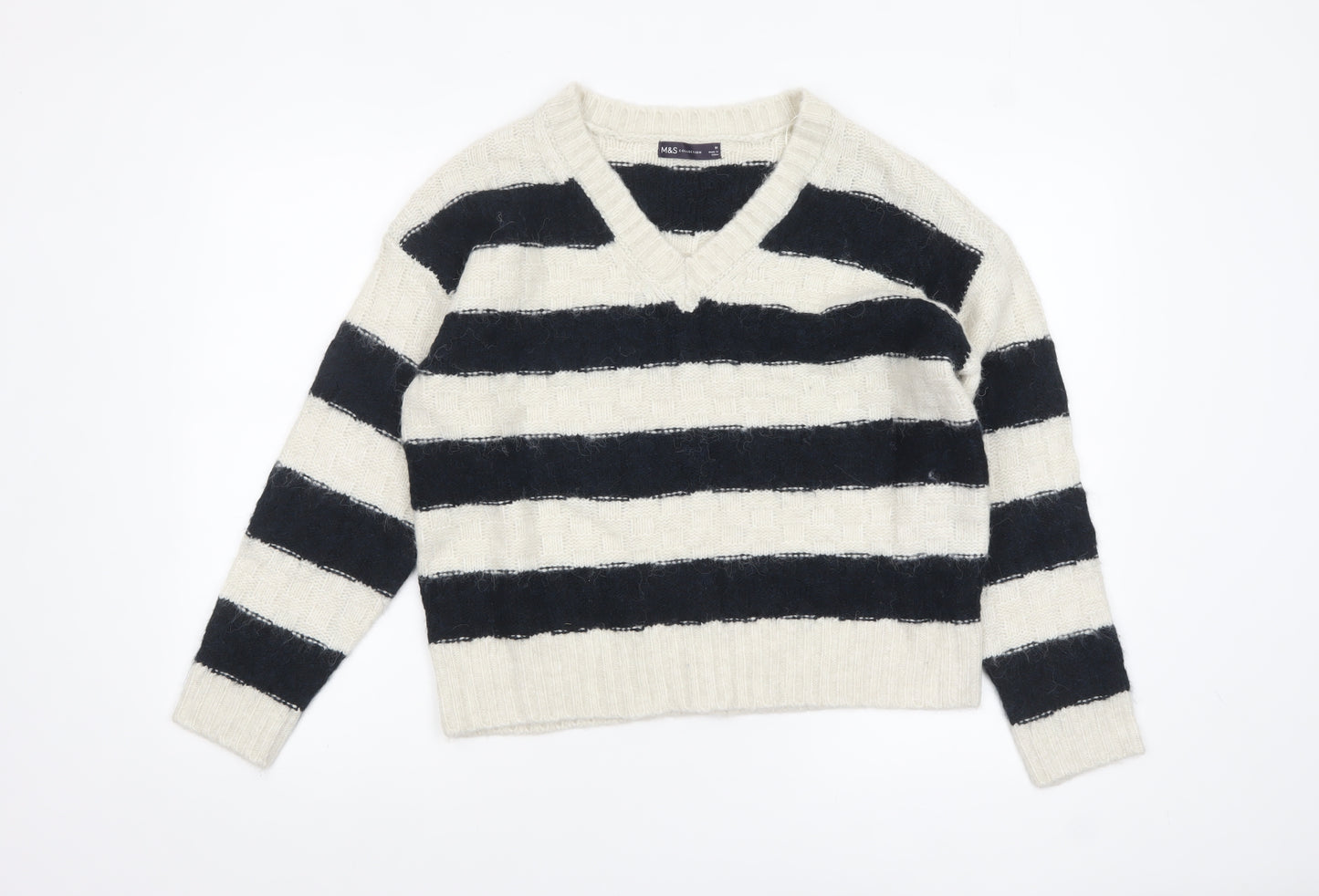 Marks and Spencer Women’s Black Ivory Striped V-Neck Knit Jumper M