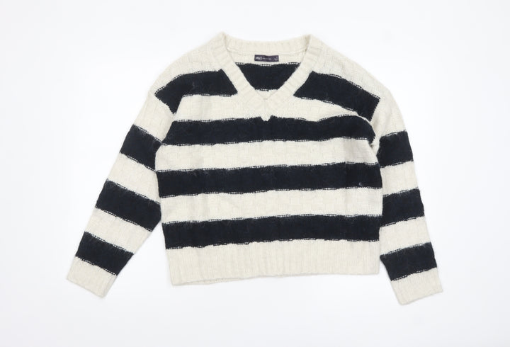Marks and Spencer Women’s Black Ivory Striped V-Neck Knit Jumper M