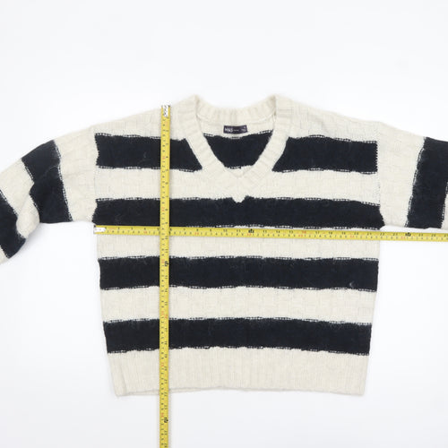 Marks and Spencer Women’s Black Ivory Striped V-Neck Knit Jumper M